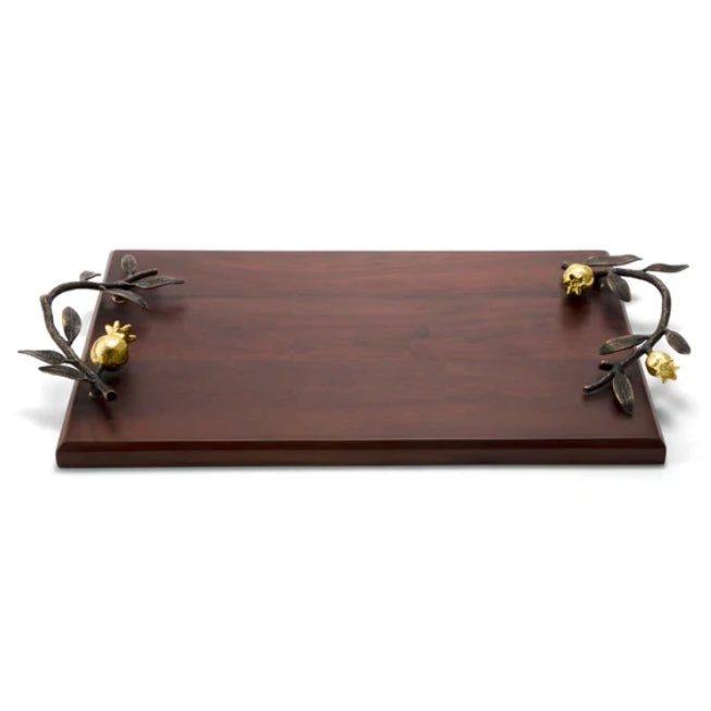 Challah Board, Wood with Pomegranate Design, Oxidized Brass and 24K Gold Plate