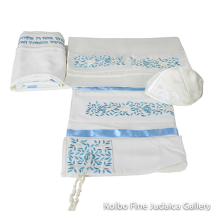 Tallit Set, Embroidered Vine Design in Pale Blue on White Brushed Cotton