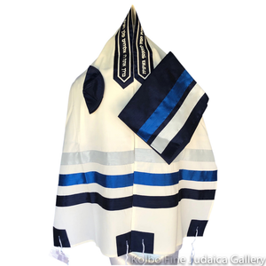 Tallit Set, Navy Blue, Royal Blue and Silver Ribbons on Fine White Wool