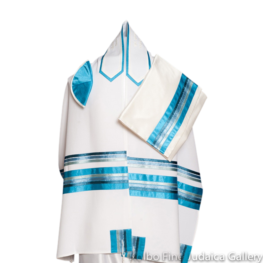 Tallit Set, Thin Multi-Blue Stripes on White Brushed Cotton