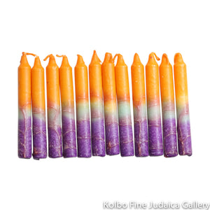 Shabbat Candles, Orange, Turquoise, and Blue, Includes 12 Tapered Candles, Made in Israel