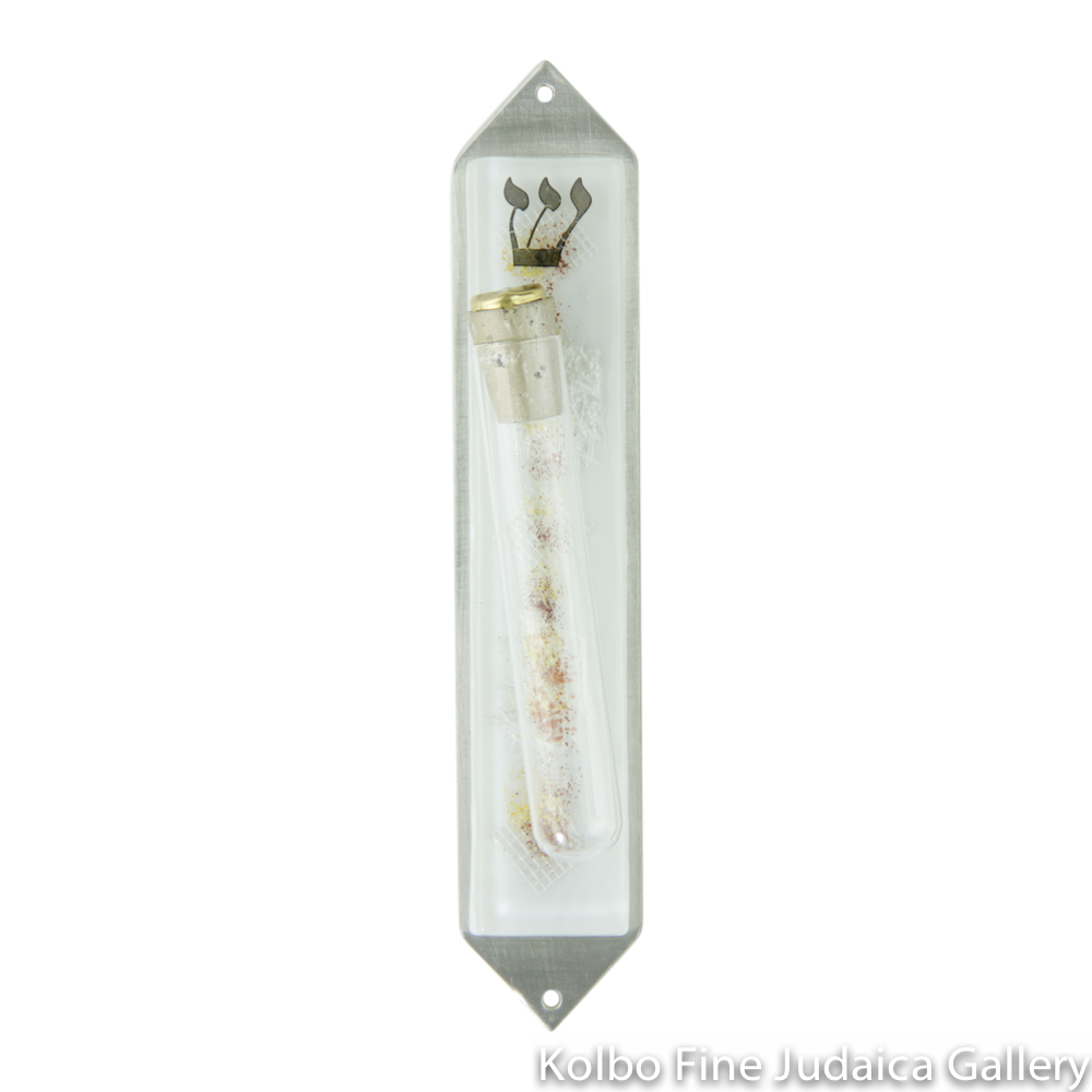 Wedding Glass Mezuzah, White Collage with Tube for Shards, Fused Glass