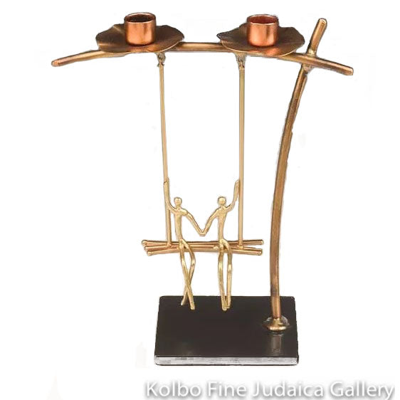 Candlesticks, two people on a swing, copper and brass