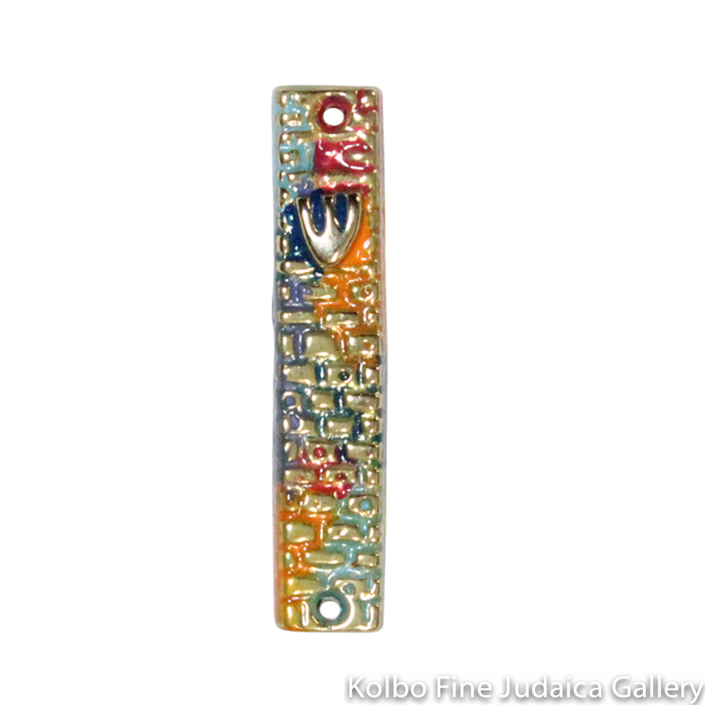 Mezuzah, Western Wall Design, Gold-Plated with Colorful Enamel, Small and Narrow