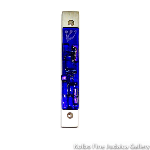Mezuzah, Western Wall Design, Layered Cobalt Glass on Pewter Backing