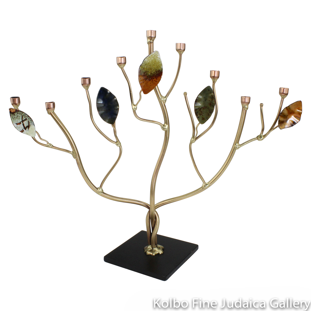 Menorah, Tree of Life with Enamel Leaves, Brass and Copper