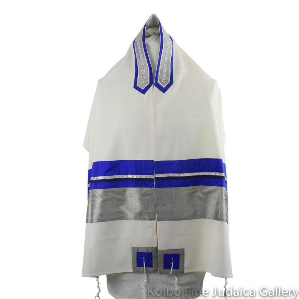 Tallit Set, Brilliant Blue Stripes with Silver Accents on White Background, Fine Wool