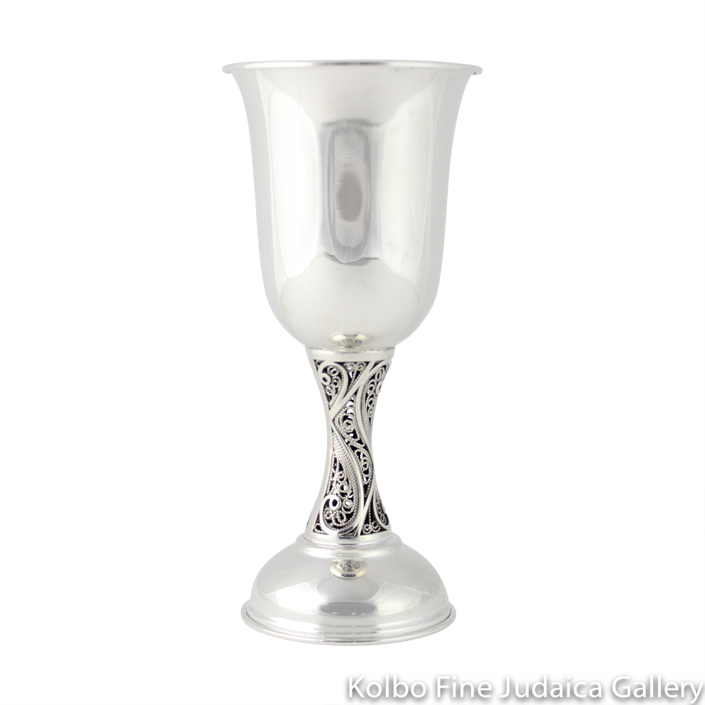 Kiddush Cup, Detailed Filigree on Stem, Simple Top, Sterling Silver