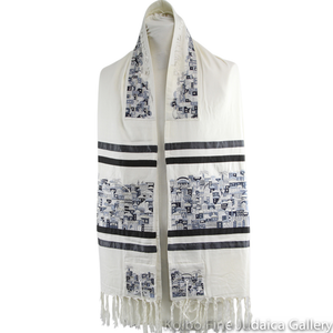 Tallit Set, Black stripe, Embroidered Greyish Blue Jerusalem Design, Woven Cotton