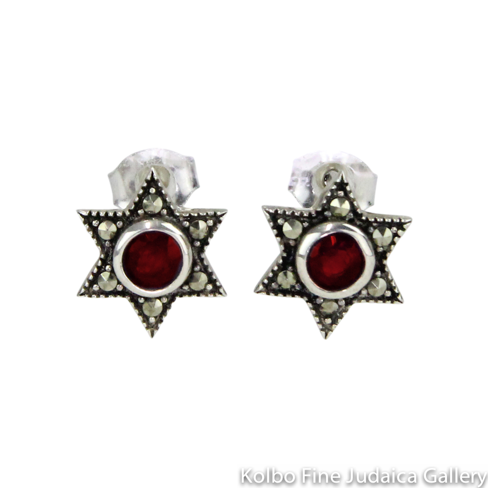 Earrings, Star with Garnet, Marcasite, on Posts