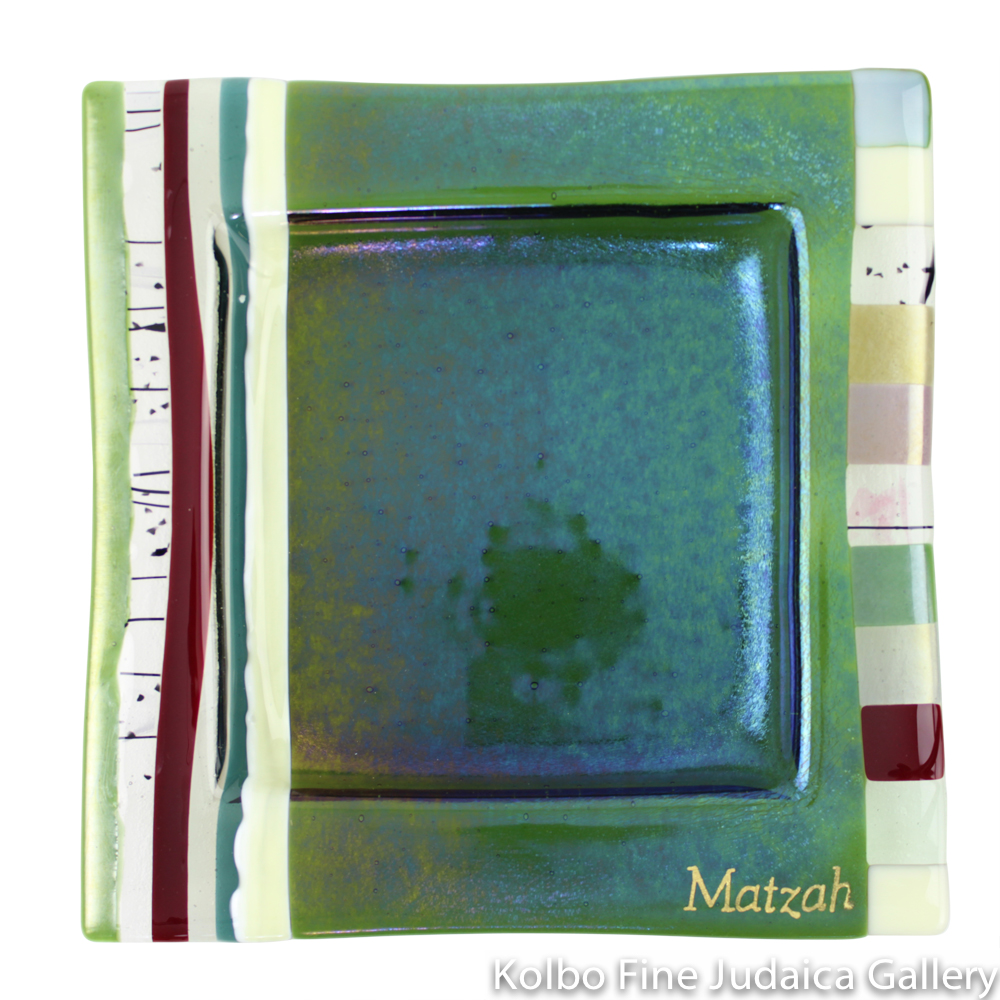 Matzah Plate, Fused Glass, Iridescent Green with Earthtone Details