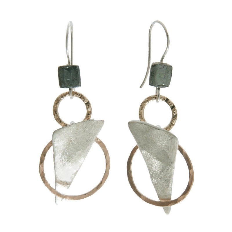 Earrings, Multimetal Layered Shapes, Sterling Silver, Oxidized Silver, and Gold-Filled, on Wire
