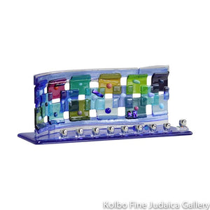 Menorah, Rainbow Quilt Design, Small, Jewel Tone Fused Glass With Beads, Blue Base