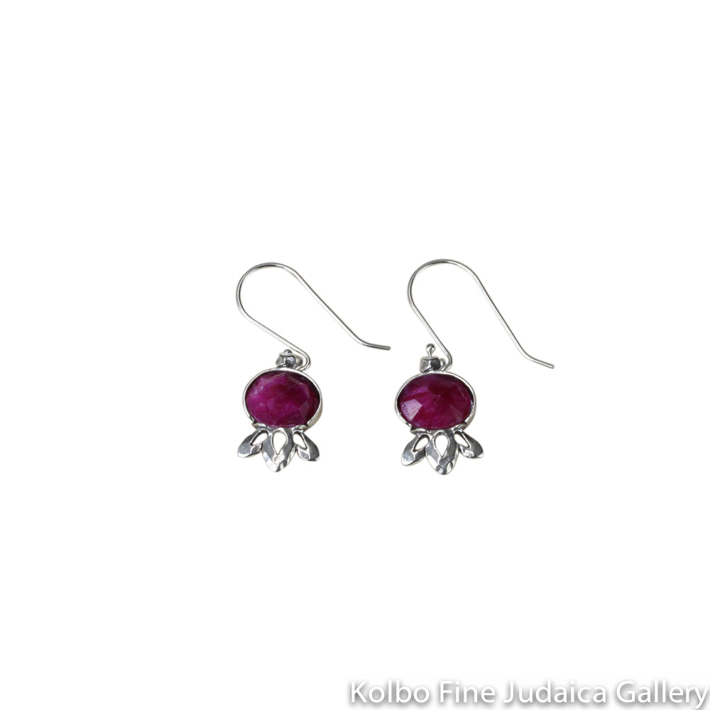 Earrings, Pomegranate Shape with Ruby and Sterling Silver, on Wire Hooks