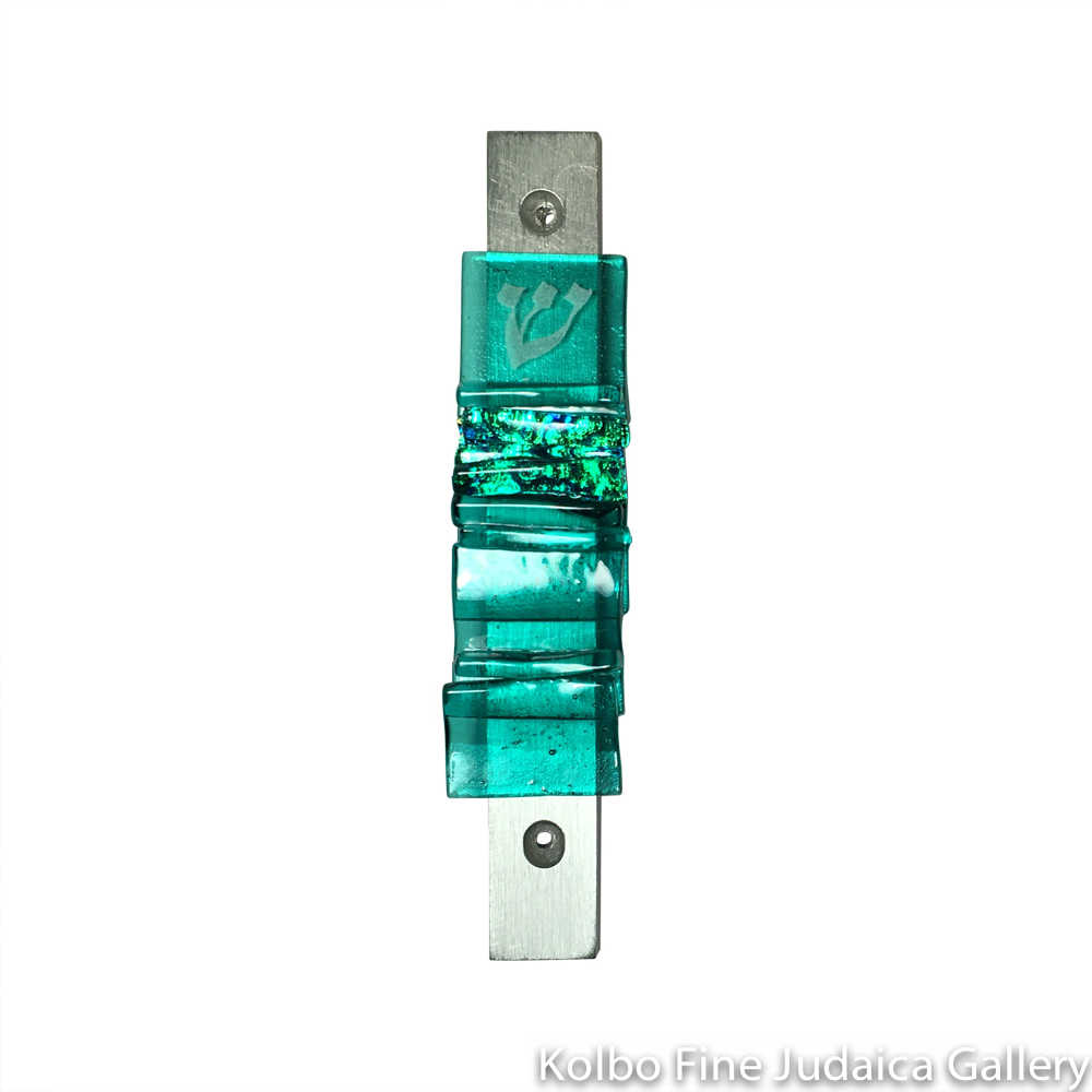 Mezuzah, Majestic Gala Collection in Aqua, Fused Glass and Metal