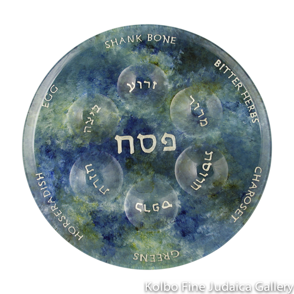 Seder Plate, Hand-Painted Glass with Blue and Green Tones, Round