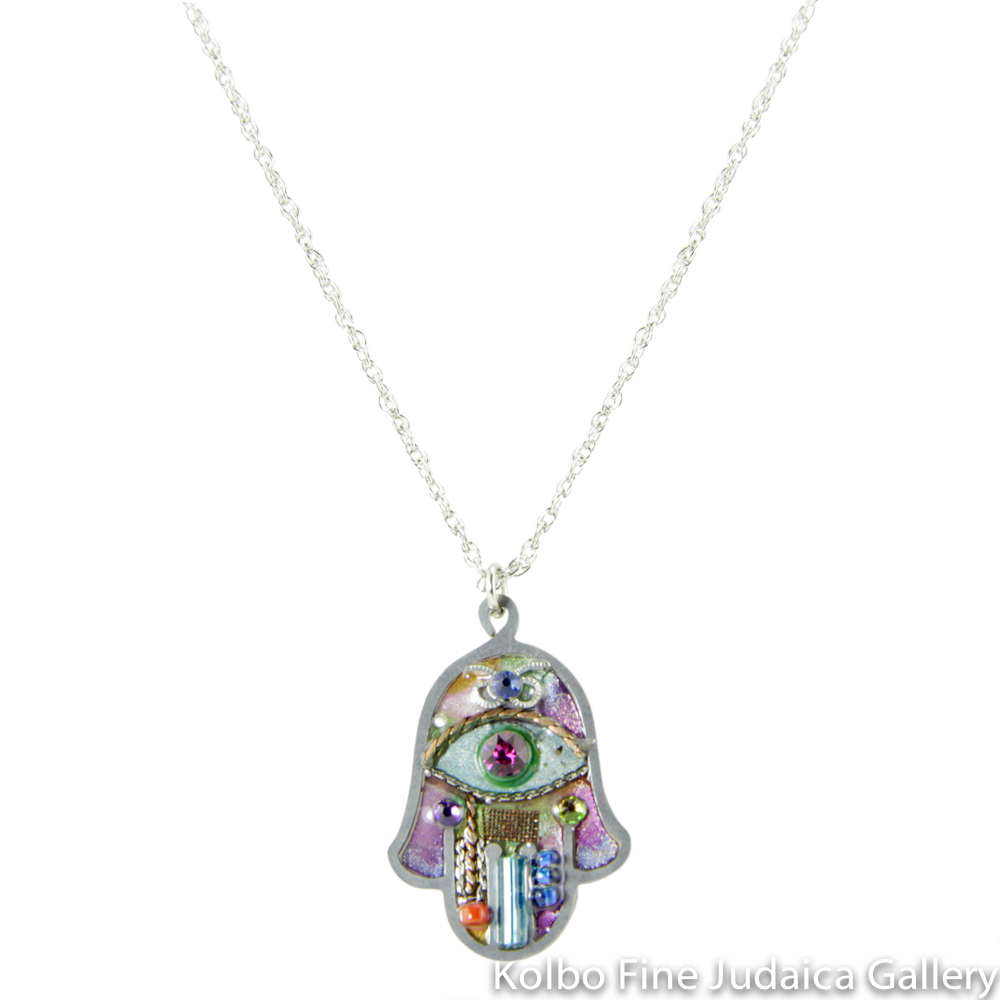 Necklace, Hamsa in Pastels, Resin on Stainless Steel with Crystals and Beads