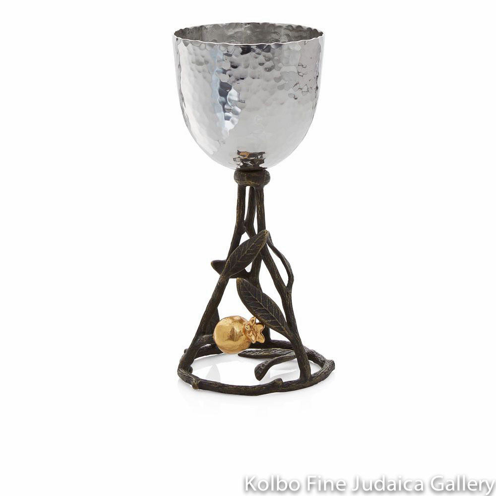 Kiddush Cup, Pomegranate Design, Stainless Steel, Oxidized Brass, 24k Gold Plate