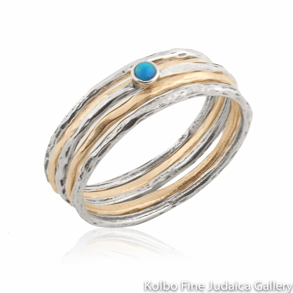 Ring Set, Thin Hammered Bands, Gold-Filled, Sterling Silver, and Single Opal