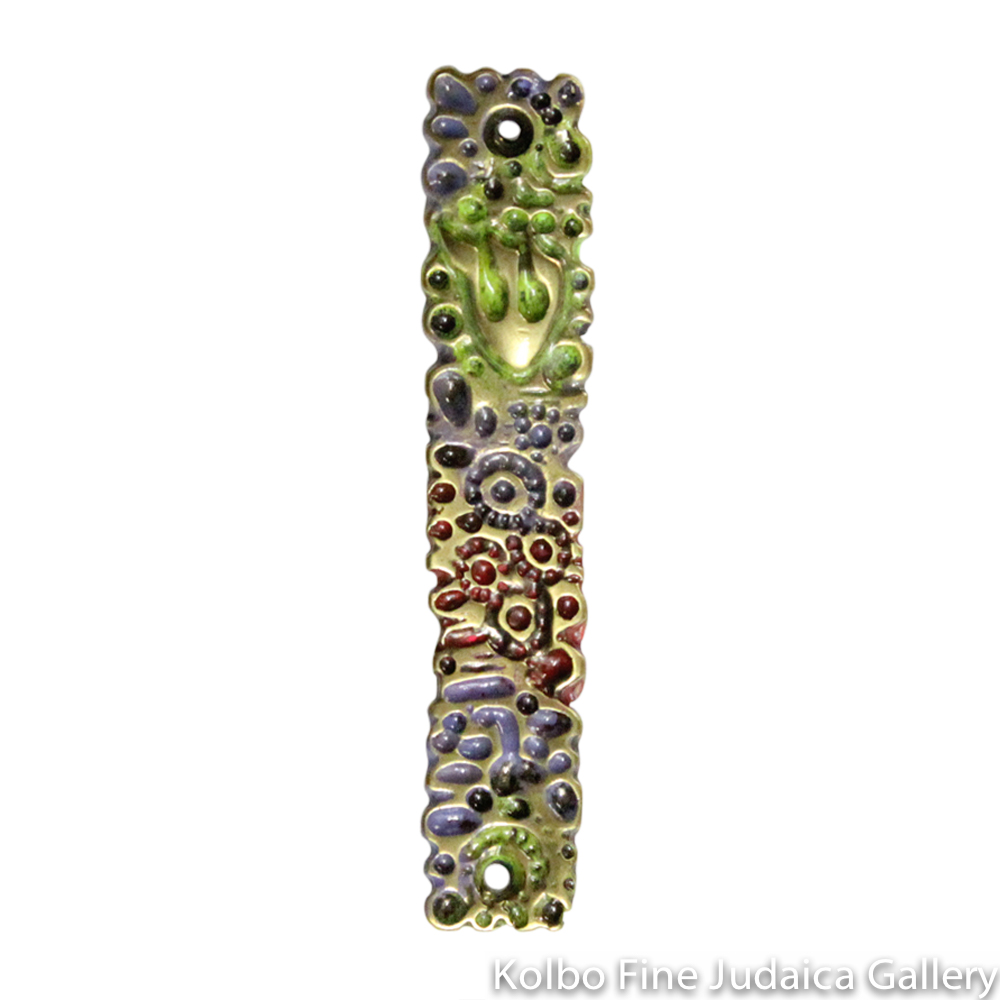 Mezuzah, Carved Flower Design, Colorful Hand-Painted Enamel Over Gold Plate