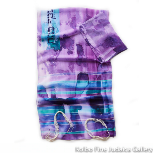 Tallit Set, Purple Watercolor with Blue and Aqua Stripes, Chiffon