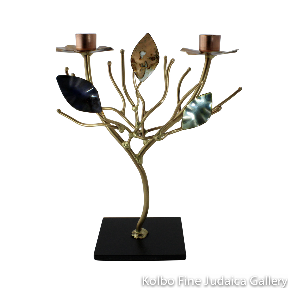 Candlesticks, Tree of Life with Enamel Leaves, Even Height, Copper and Brass