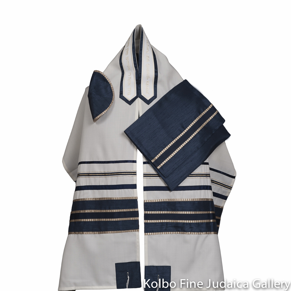Tallit Set, Blue and Gold Ribbons on Fine White Wool