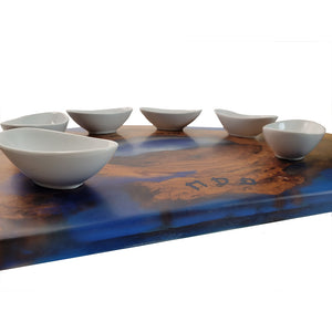 Seder Plate, Maple with Blue Epoxy and White Ceramic Bowls, One-Of-A-Kind