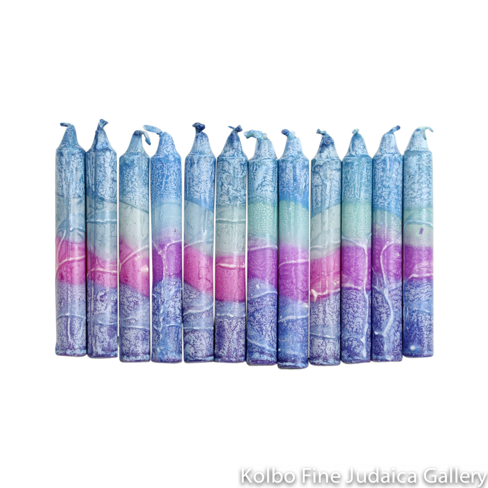 Shabbat Candles, Purples and Blues, Includes 12 Tapered Candles, Made in Israel