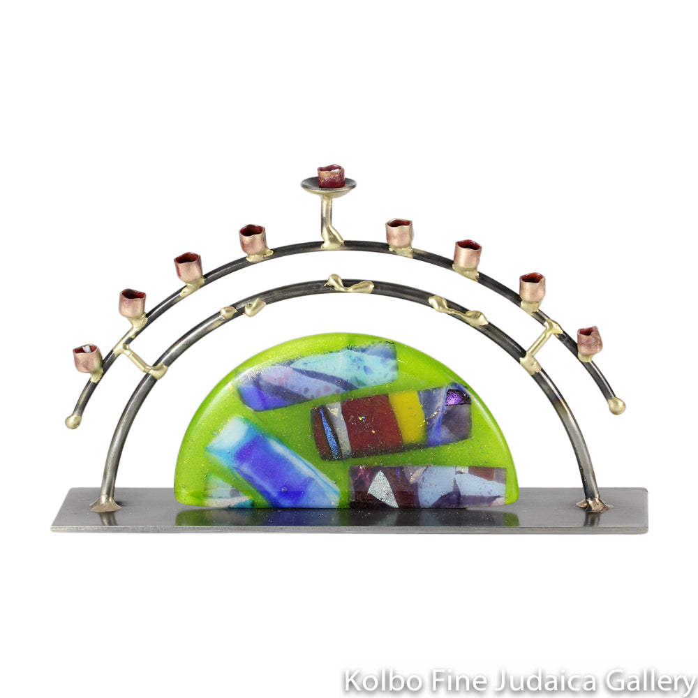 Menorah, Half Moon Design, Hand Crafted, Metal and Multi Green Fused Glass