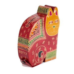 Tzedakah Box, Cat Design, Hand Painted Tooled Leather