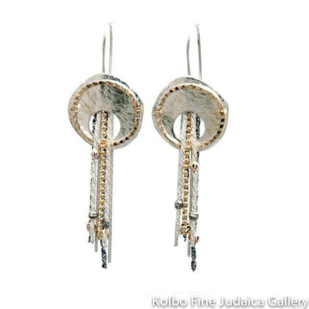 Earrings, Circular Feature with Delicate Chains of Sterling Silver and Gold Filled