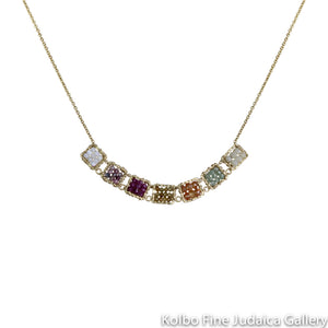 Necklace, Seven Beaded Squares of Multicolor Sapphire Stones on Gold-Filled Chain