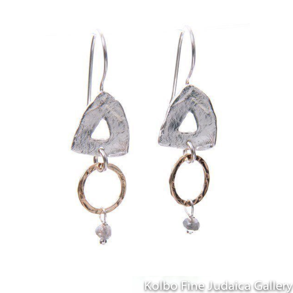 Earrings, Geometric Shapes of Sterling Silver and Gold Filled with Dangling Crystal Bead