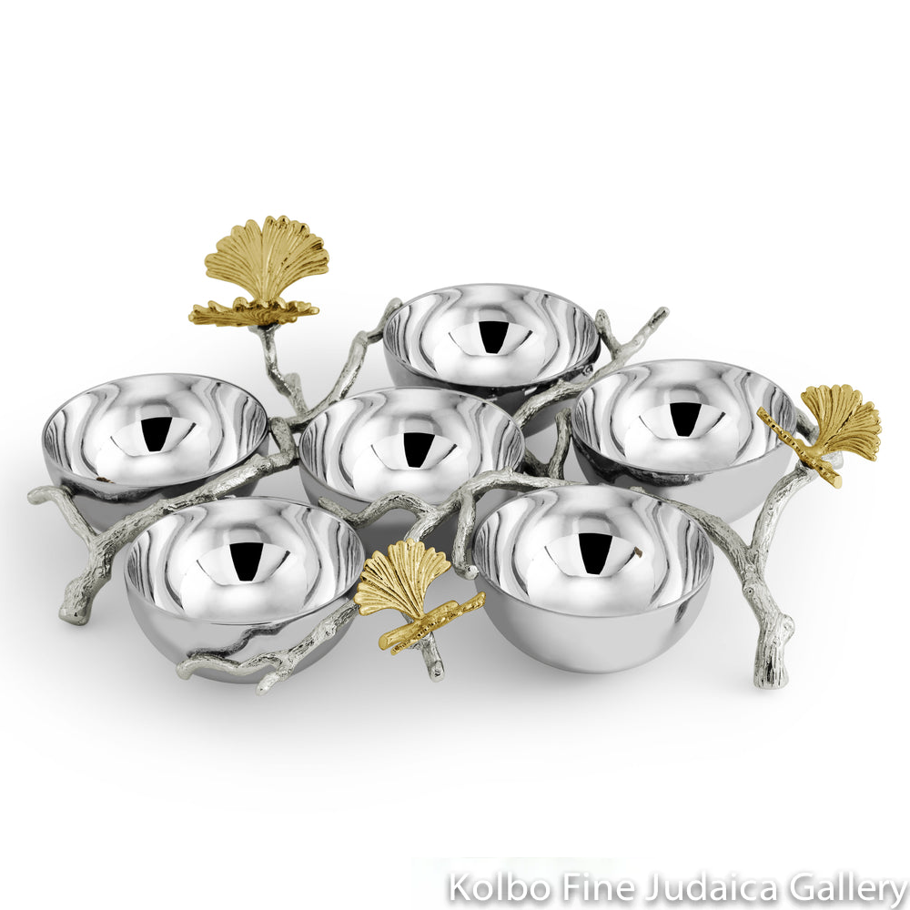Seder Plate, Butterfly Ginkgo, Natural Brass, Stainless Steel, Nickelplate