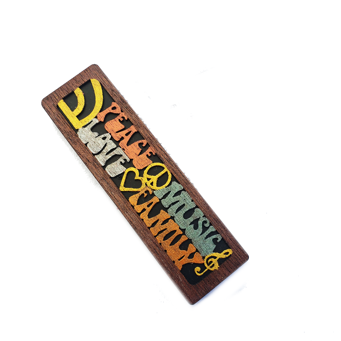 Mezuzah, Peace, Music, Love, Family, Cut Wood on Aluminum Base