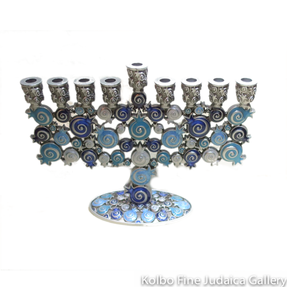 Menorah, Pomegranates, Hand Painted Blue Enamel with Crystals, Pewter