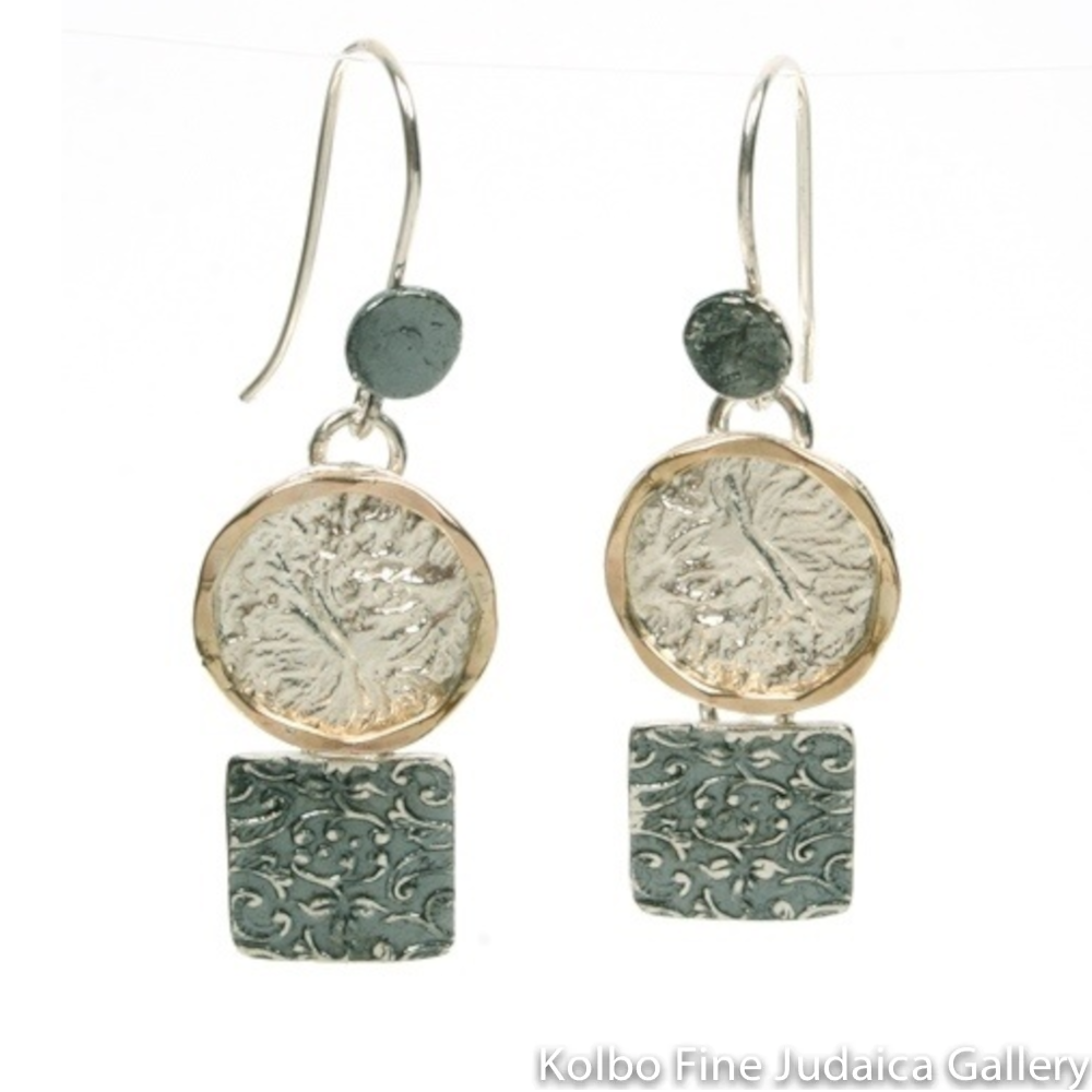 Earrings, Textured Geometric Shapes of Sterling and Oxidized Silver and Gold Fill