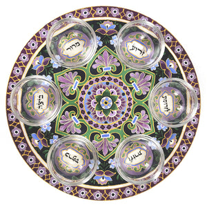Seder Plate, Hand-Painted Wood with Glass Bowls, Purple Flowers, #58