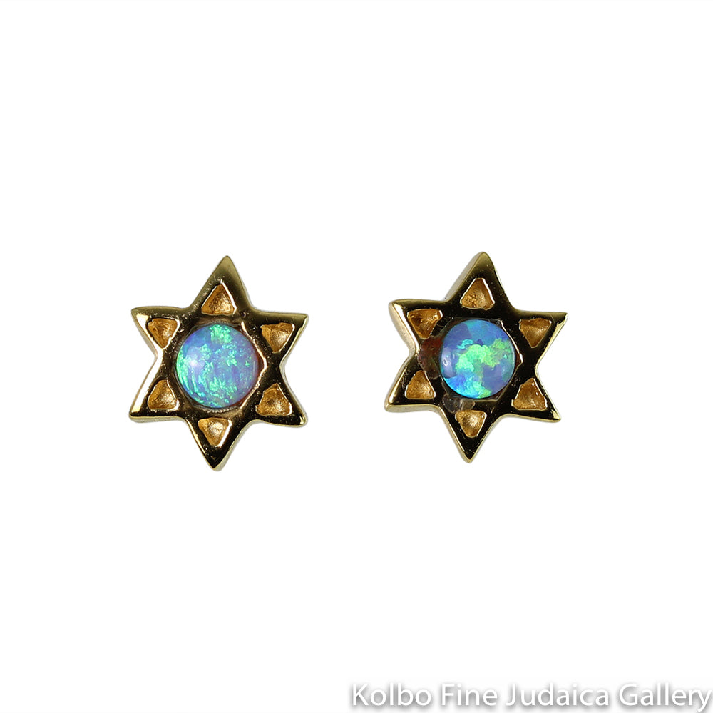 Earrings, Star with Blue Opal Center, Gold Plate