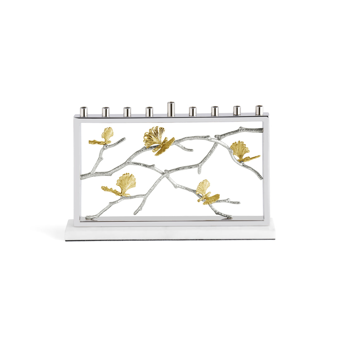 Menorah, Butterfly Ginkgo Design, Marble, Stainless Steel, Natural Brass, Nickelplate