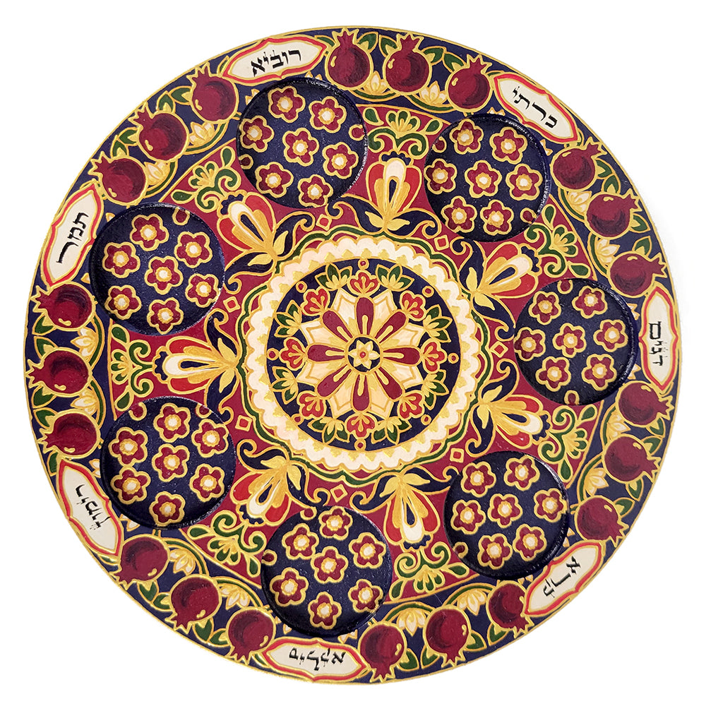 Rosh Hashana Seder Plate, Hand-Painted Wood with Pomegranate Design #1