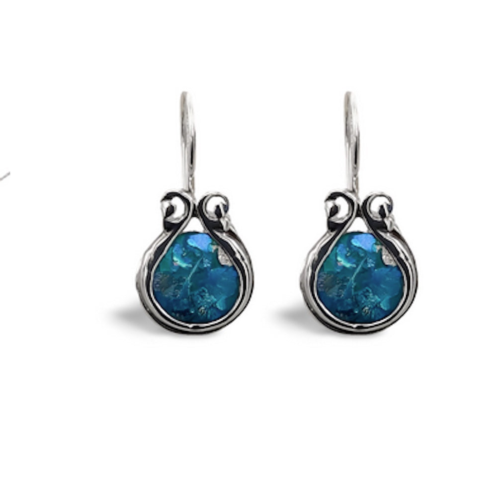 Earrings, Blue Roman Glass in Curled Sterling Silver Setting