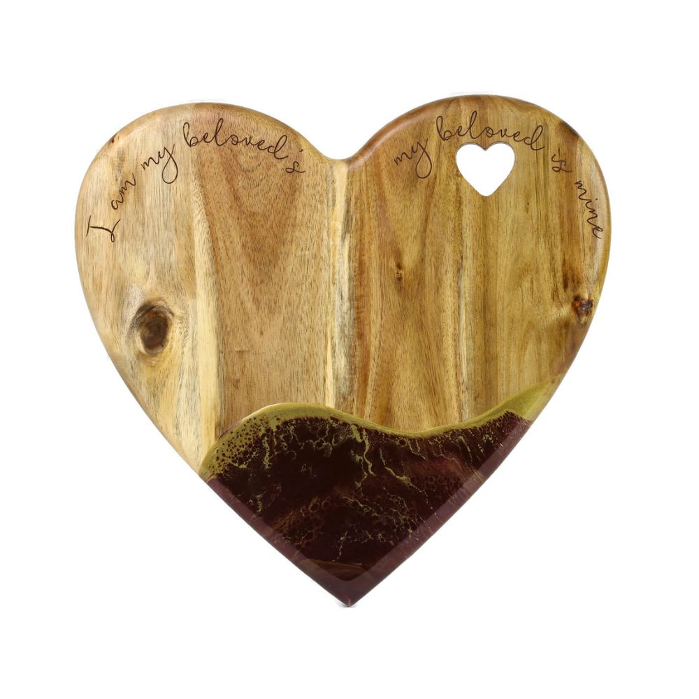 Serving Board, Heart Design with Beloved Quote, Amore Red Enamel on Acacia Wood, Kolbo Exclusive