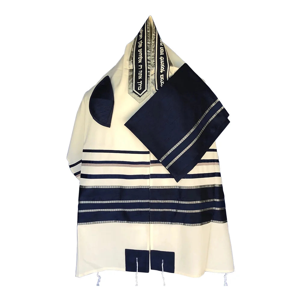 Tallit Set, Blue and Silver Ribbons on Fine White Wool