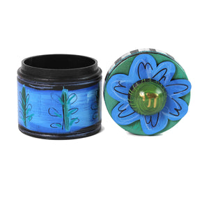 Jewelry Box, Hand Painted Wood, Flower Top with Chai, Blue Base