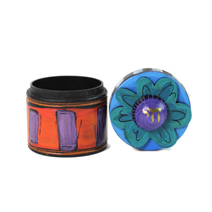Jewelry Box, Hand Painted Wood, Flower Top with Chai, Orange Base