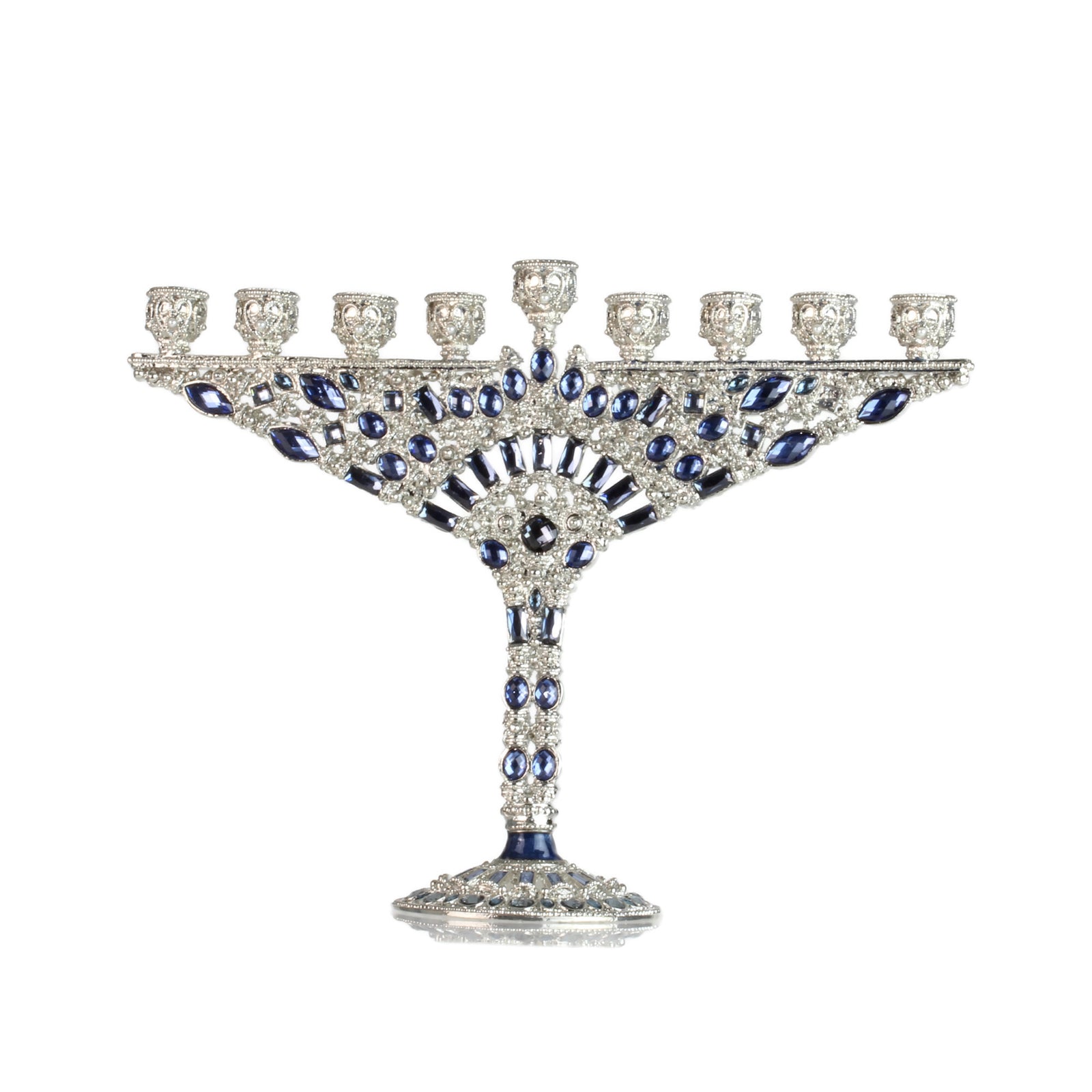 Menorah, Hand Set Clear and Sapphire European Crystals, Silver Finished Pewter