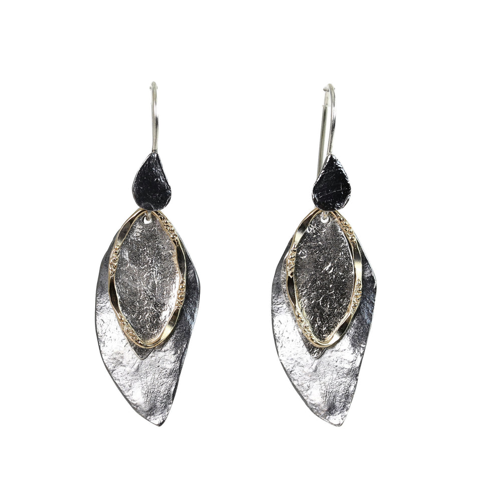 Earrings, Overlapping Shapes of Sterling and Oxidized Silver, Gold Filled Accents