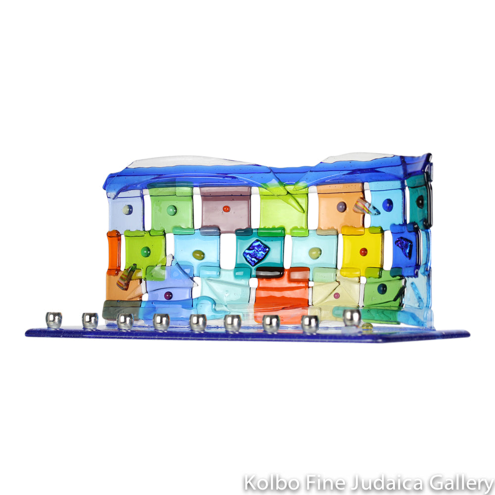 Menorah, Rainbow Quilt Design, Small, Jewel Tone Fused Glass With Beads, Blue Base